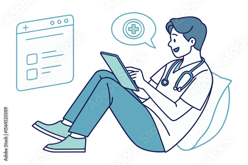 A doctor wearing scrubs and a stethoscope uses a tablet while sitting on a pillow with a medical interface and speech bubble