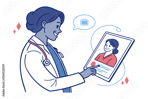 Friendly doctor in white coat with stethoscope points at tablet screen showing patient during telehealth consultation