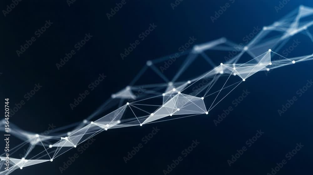 A complex network of white lines and polygons connects against a dark blue background, symbolizing technology