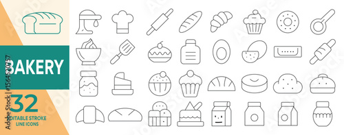 bakery icon set.  Editable stroke line bakery products, cake, cookie, ice cream, chocolate, pastry and and more. Editable line icons. Vector illustration.