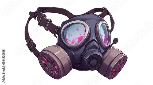 Illustration of a dark gas mask with visible pink splatter inside its lenses, isolated on a transparent backdrop.
