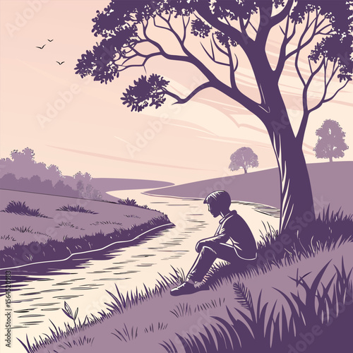 Serene Evening Boy Contemplates by Riverbank