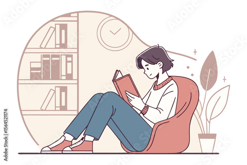 Cozy illustration of a young person relaxing in a comfortable chair engrossed in reading a book surrounded by a bookshelf and plant