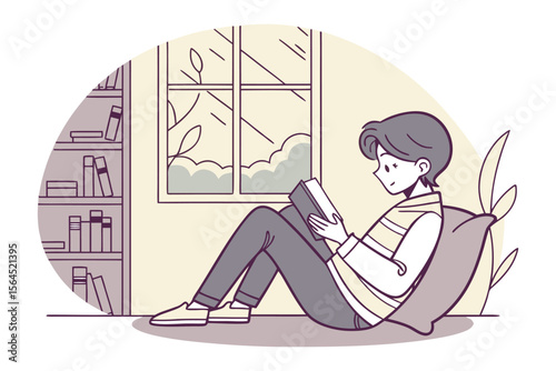 Cozy illustration of a person relaxing by a window reading a book next to a bookshelf and a large cushion