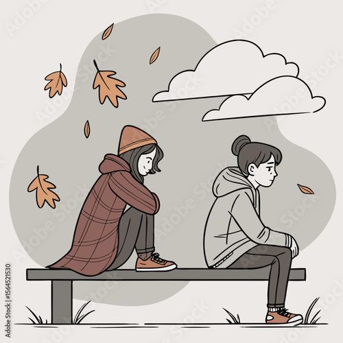 Autumn Melancholy A Boy and Girl Separated on a Park Bench