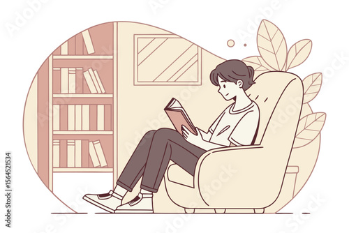 A young person with dark hair sits comfortably in a plush armchair engrossed in reading a book surrounded by a bookshelf and decorative leaves