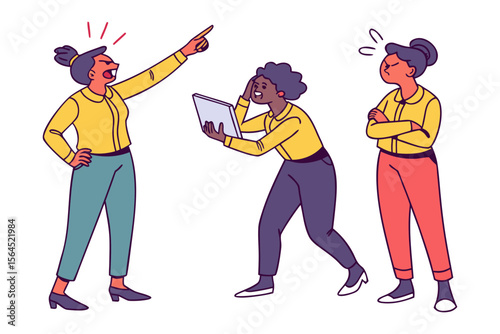 Three women in a tense discussion one pointing aggressively another holding a tablet with a distressed expression and the third looking annoyed