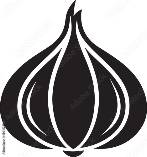 Black silhouette of a garlic bulb isolated on white background