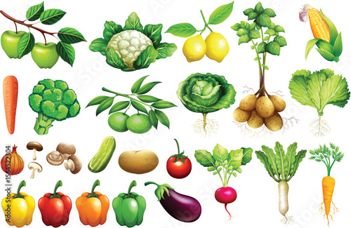 Vibrant Collection of Fresh Farm Vegetables and Fruits Apples, Cauliflower, Lemons, Potatoes, Carrots, Broccoli, Peppers, and More