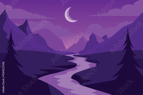 Serene Purple Mountain River Landscape at Night Crescent Moon and Silhouetted Trees