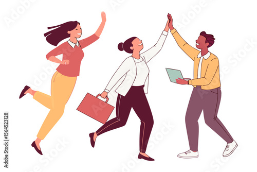Diverse team members celebrating success with high fives and a laptop conveying collaboration and achievement in a modern office setting