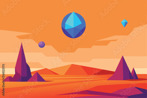 Abstract Low Poly Desert Landscape with Floating Geometric Shapes