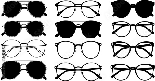 glasses set, different frames, black frames, white background, detailed line art, clean design