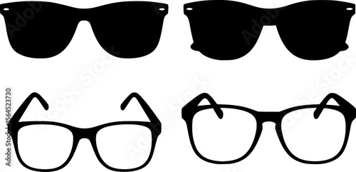 glasses set, different frames, black frames, white background, detailed line art, clean design