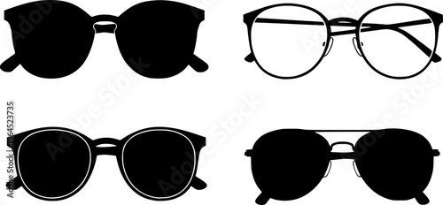 glasses set, different frames, black frames, white background, detailed line art, clean design