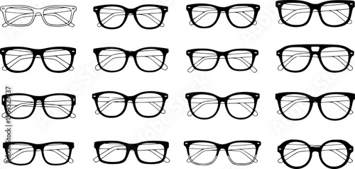 glasses set, different frames, black frames, white background, detailed line art, clean design