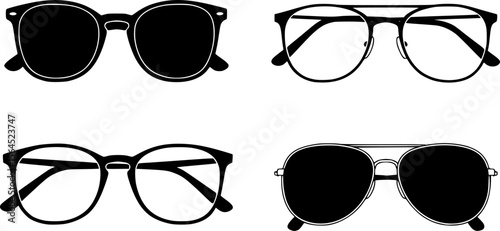 glasses set, different frames, black frames, white background, detailed line art, clean design