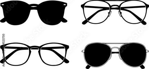 glasses set, different frames, black frames, white background, detailed line art, clean design