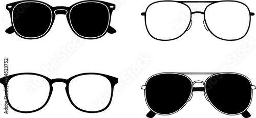 glasses set, different frames, black frames, white background, detailed line art, clean design