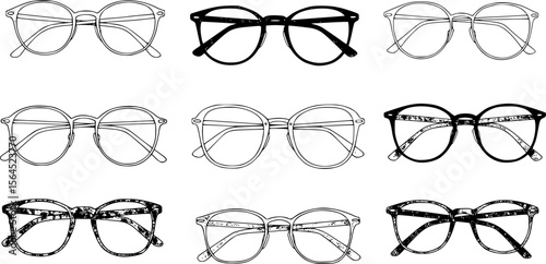 glasses set, different frames, black frames, white background, detailed line art, clean design