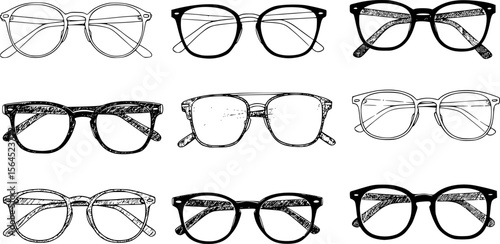 glasses set, different frames, black frames, white background, detailed line art, clean design