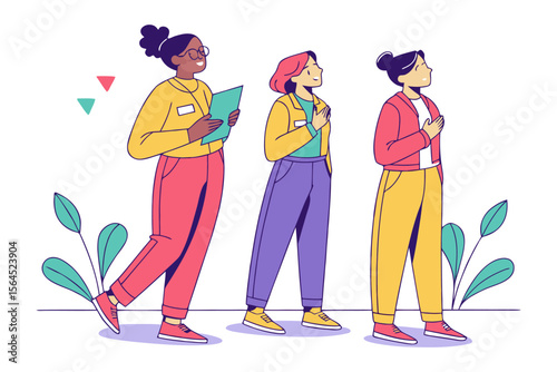 Diverse group of women standing together with hands on hearts showing unity respect and patriotism in a modern flat illustration style