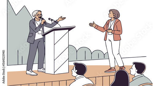 Engaging Business Conference Presentation: Speaker and Moderator on Stage, Illustrated in Minimalist Style