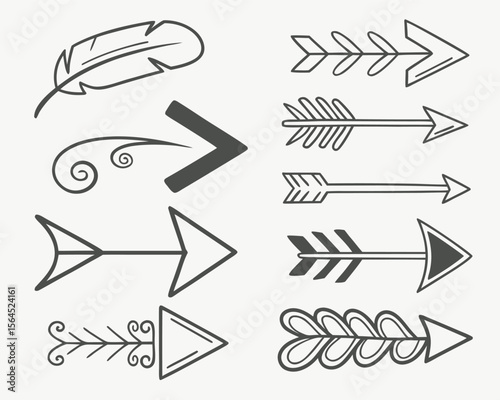 ector illustration of 10 unique hand-drawn arrow icon sets, each with a distinct artistic style. Includes: