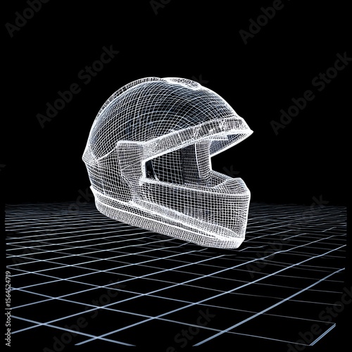 A digital wireframe model of a motorcycle helmet floats above a grid, emphasizing 3D design and futuristic technology in a virtual space.
