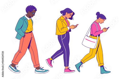 Diverse group of three stylishly dressed individuals engrossed in their smartphones while walking together outdoors