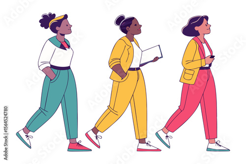 Three diverse women in stylish business attire walking confidently forward each with a unique accessory and determined expression
