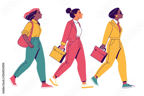Diverse professional women in stylish attire confidently stride forward together carrying briefcases and bags