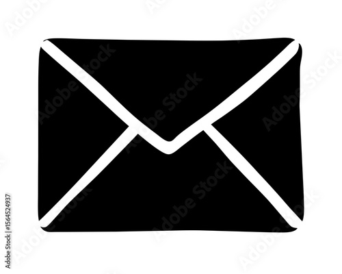 A simple, bold, minimalistic illustration of a black envelope on white background