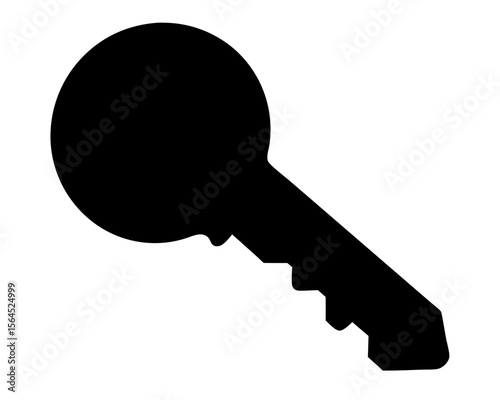 A simplistic black silhouette of a key against a white background