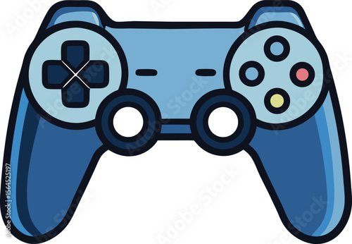 Blue video game controller with d pad and buttons isolated on white background