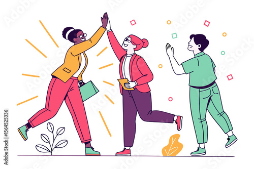 Diverse team members celebrating success with high fives and energetic gestures symbolizing collaboration and achievement in a modern workplace