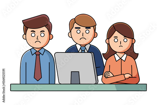 Three diverse office workers displaying negative emotions while seated at a desk with a computer screen