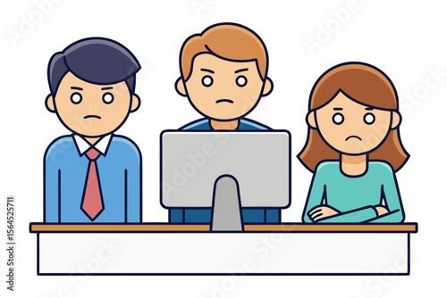 Three unhappy cartoon office workers sitting at a desk with a computer expressing boredom and dissatisfaction with their work