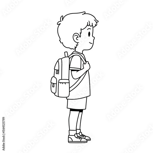 Young boy standing with backpack and smiling in side profile  