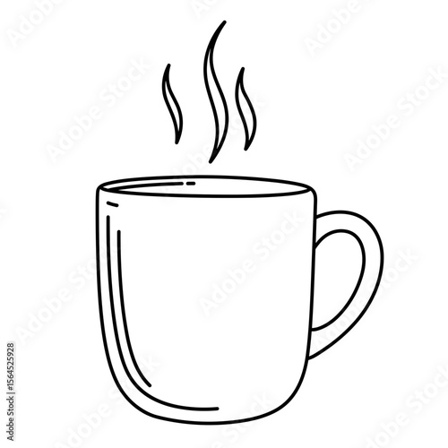 Simple line art of steaming coffee cup on white background  