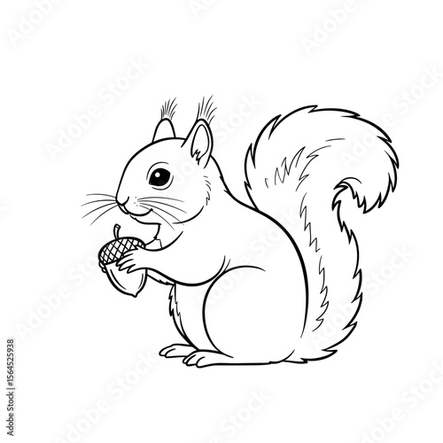 Squirrel holding acorn in black and white outline illustration  