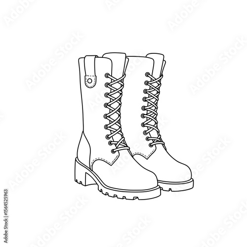 Black lace-up combat boots in monochrome outline style  