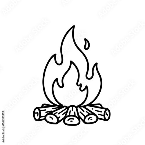 Campfire with flames and logs in minimalist line art style  