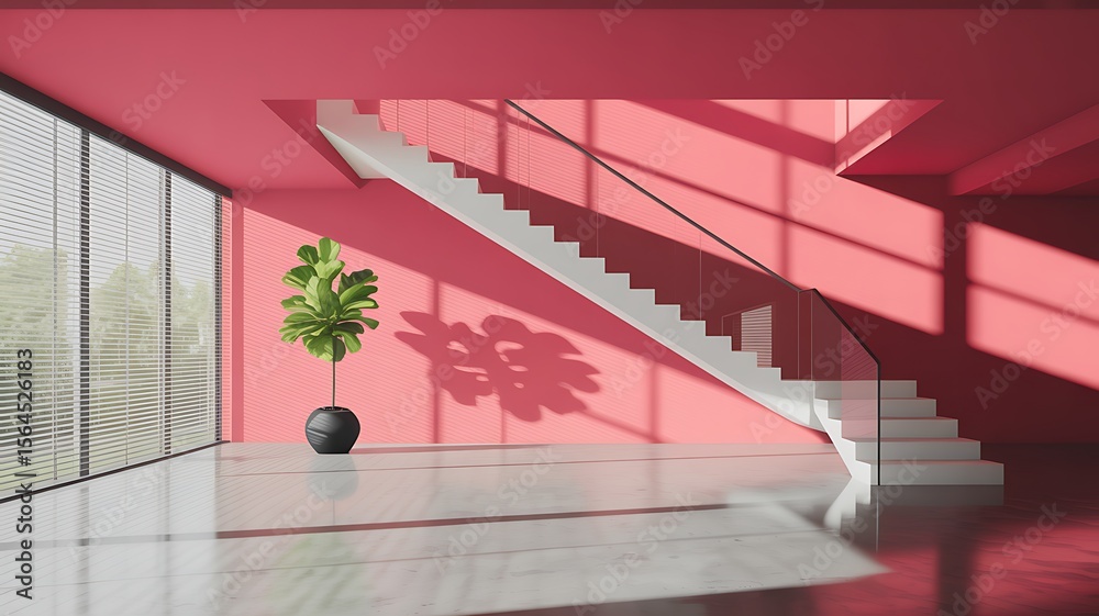 Fototapeta premium Modern interior with pink walls and white staircase image