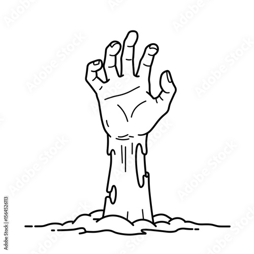 Zombie hand emerging from mud in a spooky black and white illustration  