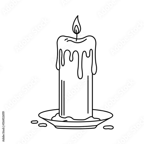Dripping candle on plate with melted wax and wick burning  