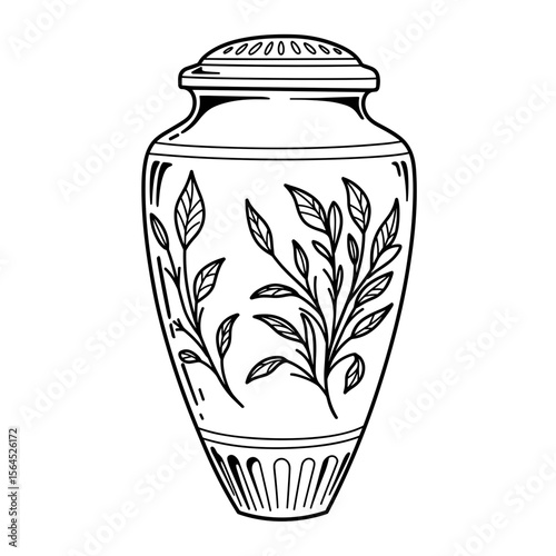 Decorative urn with leaf patterns in black and white design  