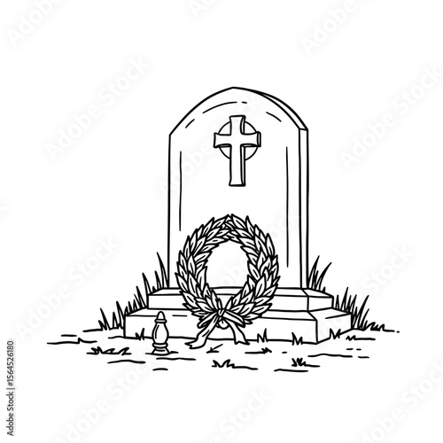 Grave marker with cross and wreath in cemetery setting  