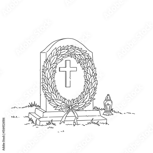 Grave stone with cross and floral wreath in a cemetery setting  