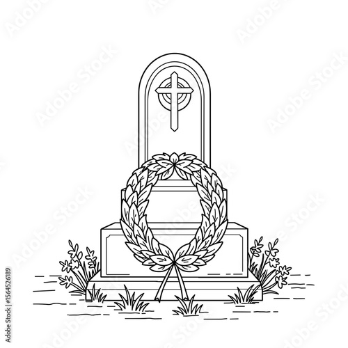 Grave marker with cross and floral wreath on cemetery ground  